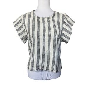 KOCH Top Striped Textured Shirt Fringed Hem Short Sleeve Blouse Size‎ XS